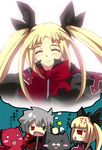  1girl anger_vein blazblue blonde_hair blush bow cat closed_eyes dress fangs frills gii gothic_lolita green_eyes grey_hair hair_ribbon heterochromia imagining jacket kokuten_hokuu lolita_fashion long_hair nago open_mouth rachel_alucard ragna_the_bloodedge red_bow red_eyes ribbon smile thought_bubble translation_request twintails 