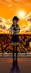  bad_id bad_pixiv_id black_hair cat city cross_akiha highres long_hair original pointy_ears purple_eyes real_world_location school_uniform serafuku solo sunset tokyo_(city) tokyo_tower 