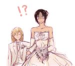  2girls alternate_hairstyle bad_id bad_pixiv_id bare_shoulders bouquet christa_renz couple dress elbow_gloves flower formal freckles gloves hair_up height_difference locked_arms lowres multiple_girls role_reversal shichi_(saji) shingeki_no_kyojin short_hair suit wedding wedding_dress white_background wife_and_wife ymir_(shingeki_no_kyojin) yuri 