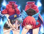  black_hair blue_eyes bow breasts cape capelet disembodied_head hair_bow hat headless hitodama jiangshi large_breasts looking_at_viewer miyako_yoshika multiple_girls nakajou ofuda orange_eyes red_hair sekibanki sharp_teeth short_hair smile star taut_clothes teeth touhou 