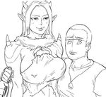  1girl arm_around_waist artist_self-insert bb_(baalbuddy) bottle breasts buzz_cut couple dragon_quest dragon_quest_x facial_hair fur_collar greyscale height_difference hetero horns huge_breasts jewelry long_hair monochrome monster_girl ogre ogre_(dq10) pauldrons pendant pointy_ears sideboob smile spikes stubble 