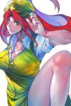  blue_eyes braid breasts hat highres hong_meiling huge_breasts irohara_mitabi leg_up long_hair red_hair solo touhou twin_braids 