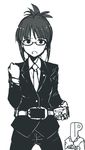  1girl akizuki_ritsuko antenna_hair belt folded_ponytail formal idolmaster idolmaster_(classic) kamen_rider kamen_rider_ryuki_(series) kamen_rider_zolda kidachi long_sleeves monochrome necktie open_mouth p-head_producer plate pose producer_(idolmaster) short_hair suit white_background 