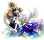  1girl blonde_hair blue_eyes brown_hair couple final_fantasy final_fantasy_x green_eyes hakama hetero heterochromia japanese_clothes purple_hakama ria smile tears tidus yuna_(ff10) 