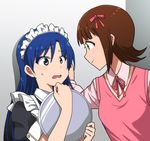  amami_haruka blue_hair brown_hair green_eyes hair_ribbon idolmaster idolmaster_(classic) kidachi kisaragi_chihaya long_hair long_sleeves maid maid_headdress multiple_girls open_mouth puffy_sleeves ribbon short_hair short_sleeves sweatdrop tray yellow_eyes 