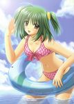  :d absurdres ahoge bikini blush breasts cleavage cloud day front-tie_top green_hair highres innertube lens_flare lovely_idol medium_breasts navel nekoya_miu nishimata_aoi ocean open_mouth purple_eyes scan short_hair sky smile solo swimsuit twintails two_side_up wading water 