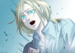  asmita bad_id bad_pixiv_id blonde_hair blue blue_eyes christa_renz colored_eyelashes gradient gradient_background hair_between_eyes looking_down official_style open_mouth ponytail shingeki_no_kyojin shirt short_hair shouting solo 