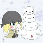  1boy :3 bandanna blonde_hair blue_eyes blush_stickers chibi facial_hair final_fantasy final_fantasy_xiii gloves grin jewelry kneeling necklace smile snow snow_villiers snowflakes stacked stacking stubble trench_coat 