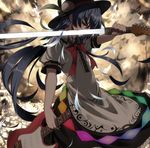  album_cover blood blood_on_face blue_hair cover cuts food fruit guitar hat hinanawi_tenshi injury instrument long_hair peach pink_eyes puffy_sleeves rondo_umigame scabbard sheath shirt short_sleeves skirt solo sword_of_hisou touhou very_long_hair 