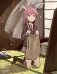  animal_ears artist_name blazer bunny_ears curtains highres jacket kanokoga kneeling long_hair necktie pleated_skirt purple_eyes purple_hair reisen_udongein_inaba signature skirt solo touhou window 