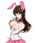  1girl animal_ears breasts brown_eyes brown_hair bunny_ears detached_collar elbow_gloves female gloves goroomaru long_hair looking_at_viewer niimi_haruka_(photokano) nipples photo_kano photokano solo 