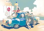  arm_support artist_name bare_shoulders blonde_hair blue_eyes car closed_eyes cloud crosswalk day fence glasses ground_vehicle gun handgun holster motor_vehicle multiple_girls necktie on_vehicle original police police_car pomodorosa ranguage river russian short_hair shorts shoulder_holster sign sitting sky sunglasses translated water weapon wind window 