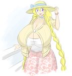  1girl blonde_hair blue_eyes breasts cassie_(theycallhimcake) cleavage gigantic_breasts hat original sketch solo sun_hat sweater theycallhimcake twin_braids very_long_hair 