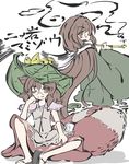  animal_ears bell bow brown_eyes brown_hair chin_rest clog_sandals dissolving dual_persona futatsuiwa_mamizou futatsuiwa_mamizou_(human) glasses haori hat japanese_clothes jingle_bell kiseru kururunpa leaf leaf_on_head long_hair looking_back multiple_girls one_eye_closed pince-nez pipe raccoon_ears raccoon_tail scarf short_hair sitting smile smoke tail touhou 