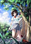  arm_up blush bottle brown_hair can cloud day grass hand_behind_head kyon_(fuuran) leaf looking_at_viewer open_mouth original school_uniform short_hair skirt sky smile solo sweat tree tree_shade yellow_eyes 