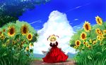  arms_behind_back blonde_hair blue_sky closed_eyes cloud day field flower flower_field grass hair_ribbon happy highres medicine_melancholy nekominase open_mouth outdoors ribbon sash shirt skirt sky smile solo sunflower sunlight touhou tree 