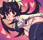  1girl black_hair blush breasts filia_(skullgirls) futakuchi-onna heart hono1212 large_breasts long_hair navel open_mouth panties prehensile_hair red_eyes samson_(skullgirls) simple_background skullgirls sweat thick_thighs thighhighs thighs underwear undressing white_panties 