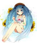  aqua_eyes aqua_hair bikini character_name hatsune_miku kanarya long_hair shaved_ice sitting solo striped striped_bikini swimsuit twintails very_long_hair vocaloid 