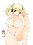  ;p bikini blonde_hair blush breasts cleavage headphones highres huge_breasts looking_at_viewer miyukicat navel nitroplus one_eye_closed orange_eyes recursion short_hair smile solo super_pochaco swimsuit tongue tongue_out twintails 