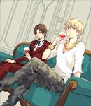  alcohol askr_(mymy) blue_eyes bracelet brown_hair cup drinking_glass facial_hair fate/zero fate_(series) formal gilgamesh goatee highres jewelry male_focus multiple_boys necklace snakeskin_print suit toosaka_tokiomi wine wine_glass 