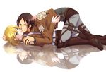  bad_id bad_pixiv_id black_hair blonde_hair blue_eyes boots brown_eyes christa_renz couple emblem freckles hair_between_eyes jacket looking_at_viewer lying multiple_girls musukichi pants paradis_military_uniform reflection shingeki_no_kyojin short_hair three-dimensional_maneuver_gear training_corps_(emblem) white_background ymir_(shingeki_no_kyojin) yuri 