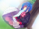  blue_hair bow brown_eyes little_busters! nishizono_mio pink_bow satomi_yoshitaka school_uniform short_hair umbrella 