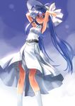  antenna_hair armpits belt blue_eyes blue_hair blush dress from_below hands_on_headwear hat imaichi_moenai_ko katahira_masashi kobe_shinbun long_hair looking_away sky smile solo sun_hat sundress twintails upskirt white_dress white_legwear 