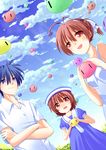  2girls bad_id bad_pixiv_id blue_eyes blue_hair brown_eyes brown_hair clannad dango_daikazoku dress family furukawa_nagisa hat mitsugushi_yuu multiple_girls okazaki_tomoya okazaki_ushio sailor_dress school_uniform short_hair 