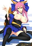  animal_ears bare_shoulders black_legwear bow breasts cleavage dean detached_sleeves fate/extra fate_(series) fox_ears fox_tail hair_bow hair_ribbon highres japanese_clothes large_breasts legs long_legs nipples no_panties pink_hair pussy pussy_juice ribbon sitting smile solo spread_legs tail tamamo_(fate)_(all) tamamo_no_mae_(fate) thighhighs thighs twintails yellow_eyes 