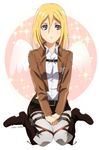  artist_name bad_id bad_pixiv_id blonde_hair blue_eyes boots christa_renz circle emblem full_body highres jacket pants paradis_military_uniform shingeki_no_kyojin short_hair sitting solo sparkle three-dimensional_maneuver_gear training_corps_(emblem) umishima_senbon v_arms wariza wings 