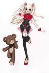  blonde_hair flower long_hair original red_eyes skirt solo stuffed_animal stuffed_toy teddy_bear thighhighs yue_mao_(yukinihime) 