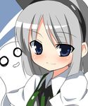  black_hairband blue_eyes blush closed_mouth face grey_hair hairband hitodama konpaku_youmu konpaku_youmu_(ghost) morino_harifu portrait short_hair smile solo touhou 