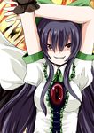  arms_up bad_id bad_pixiv_id black_hair black_wings bow cape fa_no_hito green_bow hair_bow long_hair radiation_symbol red_eyes reiuji_utsuho smile solo symbol-shaped_pupils touhou wings 