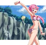  ass bad_anatomy bikini bracelet butt_crack clenched_hand day jewelry long_hair majin_(marcia) pink_eyes pink_hair raised_fist shishidou_akiha shishidou_imoko sora_wo_kakeru_shoujo striped striped_bikini striped_swimsuit swimsuit 