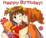  amami_haruka birthday cheek_kiss dorei_k gift idolmaster idolmaster_(classic) idolmaster_live_for_you! kiss multiple_girls raglan_sleeves takatsuki_yayoi 