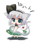  animal_ears bad_id bad_pixiv_id bite_mark blue_eyes cat_ears cat_tail chibi directional_arrow fang frown hitodama holding kemonomimi_mode konpaku_youmu konpaku_youmu_(ghost) myon_(phrase) reon_(saikyou) short_hair silver_hair solo tail tears touhou 