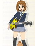  ahoge bear brown_eyes brown_hair electric_guitar guitar hair_ornament hairclip hirasawa_yui instrument k-on! musical_note peeking plectrum poporon_(henkuma) school_uniform short_hair skirt solo thighhighs zettai_ryouiki 