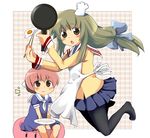  apron brown_eyes brown_hair chef chef_hat child chopsticks clannad dango_daikazoku egg frying_pan hat hikarizaka_private_high_school_uniform ibuki_fuuko long_hair multiple_girls okazaki_ushio pantyhose plate sasago_kaze school_uniform short_hair sitting 