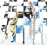  bass_trombone blue_eyes blue_vert boots clarinet detached_sleeves flute headphones headset instrument long_hair megurine_luka midriff pink_hair sitting skirt solo thighhighs trombone trumpet very_long_hair vocaloid 