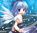  blue_eyes blue_hair bow cirno hair_bow lowres shimakusa_arou short_hair snow solo touhou wings 