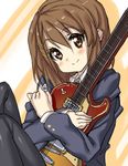  blush brown_eyes brown_hair guitar hair_ornament hairclip hirasawa_yui instrument k-on! kink lowres pantyhose school_uniform short_hair smile solo 