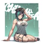  1girl absurdres arm_support bare_arms beret black_choker black_footwear black_hair black_hat blue_shorts breasts choker commentary earrings full_body gradient_hair hand_on_own_hat hat highres hololive hololive_dev_is jewelry knee_strap large_breasts looking_at_viewer medium_hair multicolored_hair multiple_rings o-ring o-ring_thigh_strap purple_hair red_eyes rindo_chihaya ring see-through_silhouette seventeencrows short_shorts shorts sitting solo streaked_hair swept_bangs tank_top thigh_strap virtual_youtuber white_hair white_tank_top 