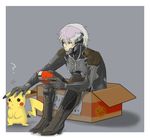  ? black_eyes box cardboard_box crossover cyborg for_adoption gen_1_pokemon grey_hair hand_on_another's_head holding in_container male_focus metal_gear_(series) metal_gear_solid nagi_sakura pikachu pokedex pokemon pokemon_(creature) raiden sitting tail 