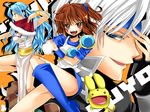  2girls arle_nadja blue_eyes blue_hair blue_headband blue_skirt boots brown_eyes brown_hair carbuncle_(puyopuyo) creature fan headband knee_boots long_hair madou_monogatari minotaur minotaur_(puyopuyo) multiple_girls puyopuyo rulue_(puyopuyo) schezo_wegey short_hair skirt smile standing standing_on_one_leg white_hair yui_tooru 