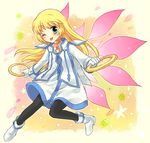  bad_id bad_pixiv_id blonde_hair blue_eyes chakram collet_brunel long_hair oimo one_eye_closed pantyhose pink_wings tales_of_(series) tales_of_symphonia weapon wings 