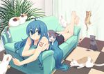  ahoge alternate_hairstyle barefoot blue_eyes blue_hair blue_nails casual cat chan_co couch feet food full_body hair_down hatsune_miku long_hair looking_at_viewer lying nail_polish on_stomach pocky skirt solo too_many too_many_cats vocaloid 
