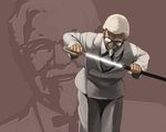  cane colonel_sanders concealed_sword facial_hair formal glasses grin kfc kuroko_(piii) male_focus mustache old_man sheath shiny smile solo string_tie suit sword sword_cane unsheathing weapon white_hair 