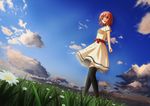  bad_id bad_pixiv_id cloud copyright_request day dress dutch_angle flower from_side grass looking_at_viewer maro_(pixiv11425) outdoors pink_eyes pink_hair short_hair short_sleeves sky solo standing thighhighs 