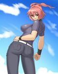  alternate_costume ass back belt breasts casual clenched_hand denim from_behind hair_bobbles hair_ornament hand_on_hip houtengeki impossible_clothes impossible_shirt jeans large_breasts looking_back onozuka_komachi pants pink_eyes pink_hair shirt short_hair smile solo touhou two_side_up wristband 