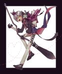  1boy black_border black_cape black_footwear black_gloves black_shirt blue_jacket border bow bowtie broom broom_riding cape character_request coattails collared_shirt creature creature_on_shoulder cross-laced_pants crown dotted_line ensemble_stars! floating_clothes full_body gloves grey_hair hair_between_eyes heart heart_of_string heterochromia highres holding holding_broom jacket kuromi long_sleeves looking_at_viewer male_focus mini_crown ogami_koga on_shoulder open_clothes open_jacket open_mouth outline outside_border pants pom_pom_(clothes) purple_crown red_bow red_bowtie red_eyes sanrio section_(prrx8584) shirt shoes short_hair smile solo striped_bow striped_bowtie striped_clothes teeth two-sided_fabric two-sided_jacket two-tone_cape upper_teeth_only white_background white_cape white_outline white_pants yellow_eyes 